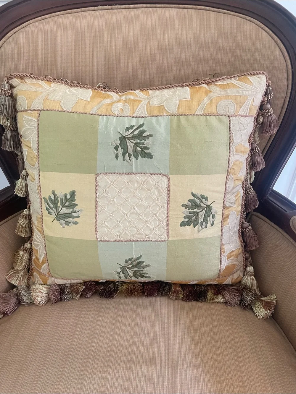 15” square  Green and Gold Embroidered Throw Pillow with tassels trim, zipper